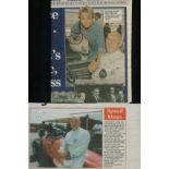 Stirling Moss signed newspaper clippings and card with unsigned photo and Jack Brabham signed
