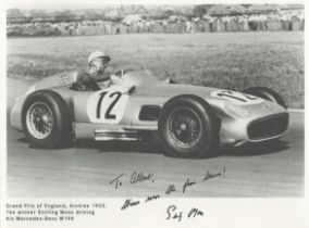 Stirling Moss signed 8x6 inch Grand Prix of England Aintree 1955 black and white photo. Dedicated.