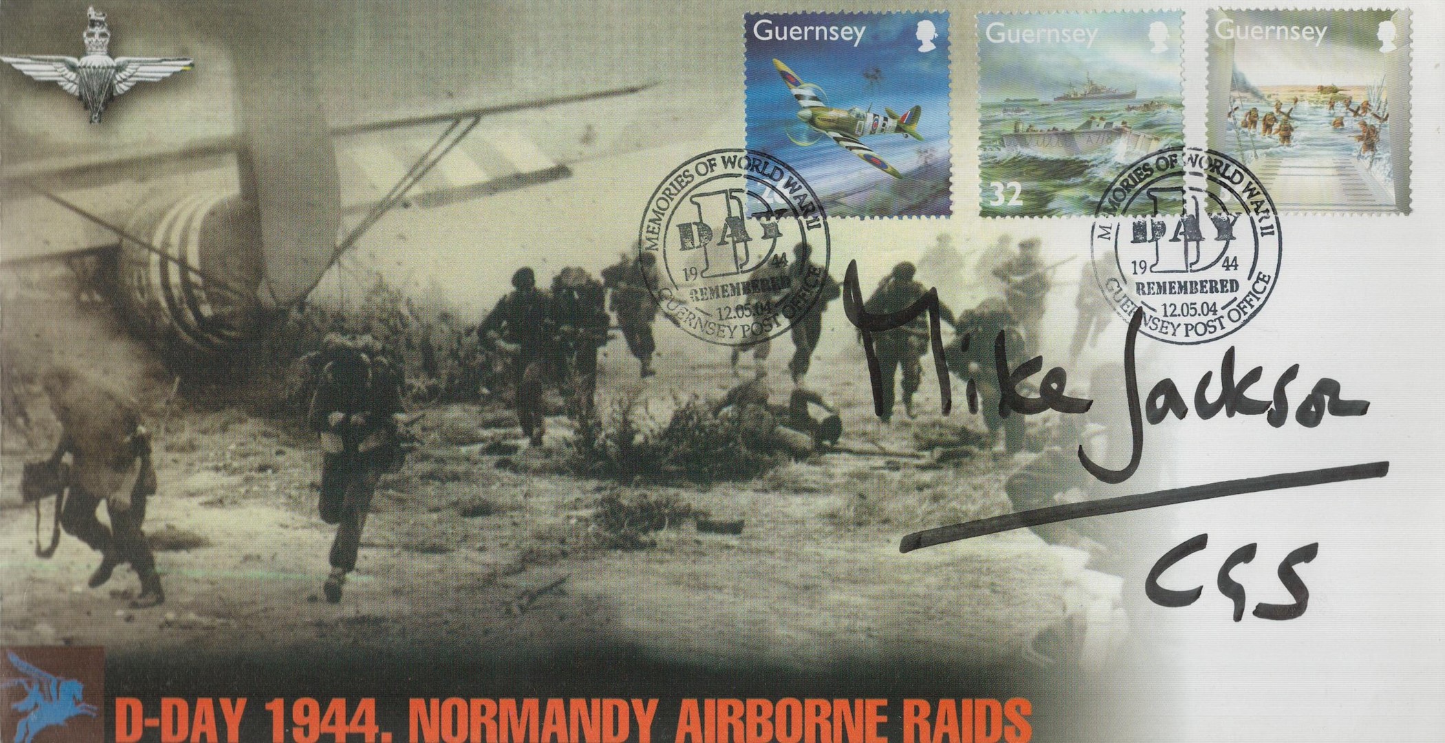 Mike Jackson signed D-Day 1944 Normandy Airborne Raids 3 stamps and 2 postmarks dated 12/05/04