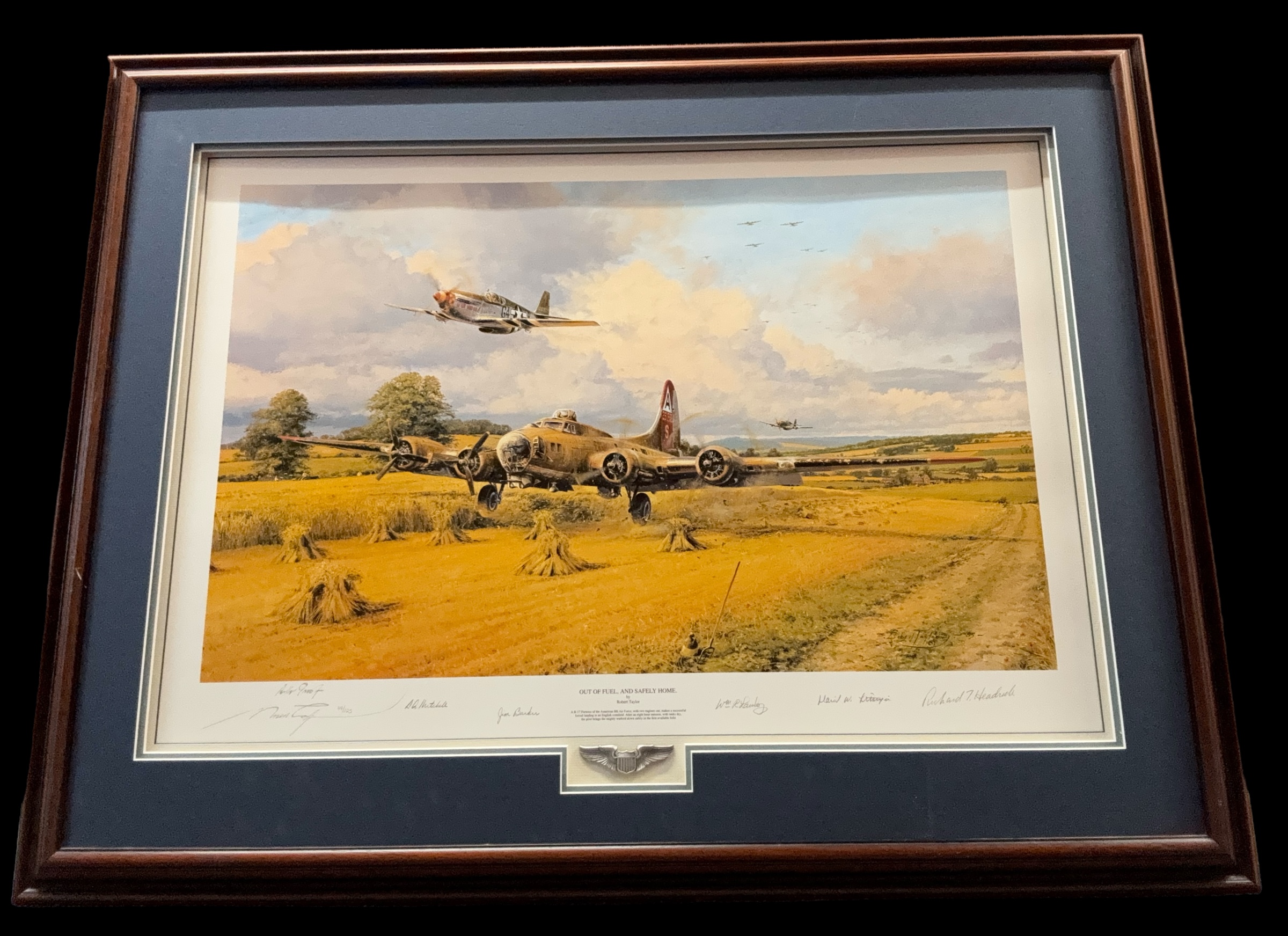 Out of Fuel and Safely Home WWII multi signed print with USAF wings 38x28 inch Artist Proof includes