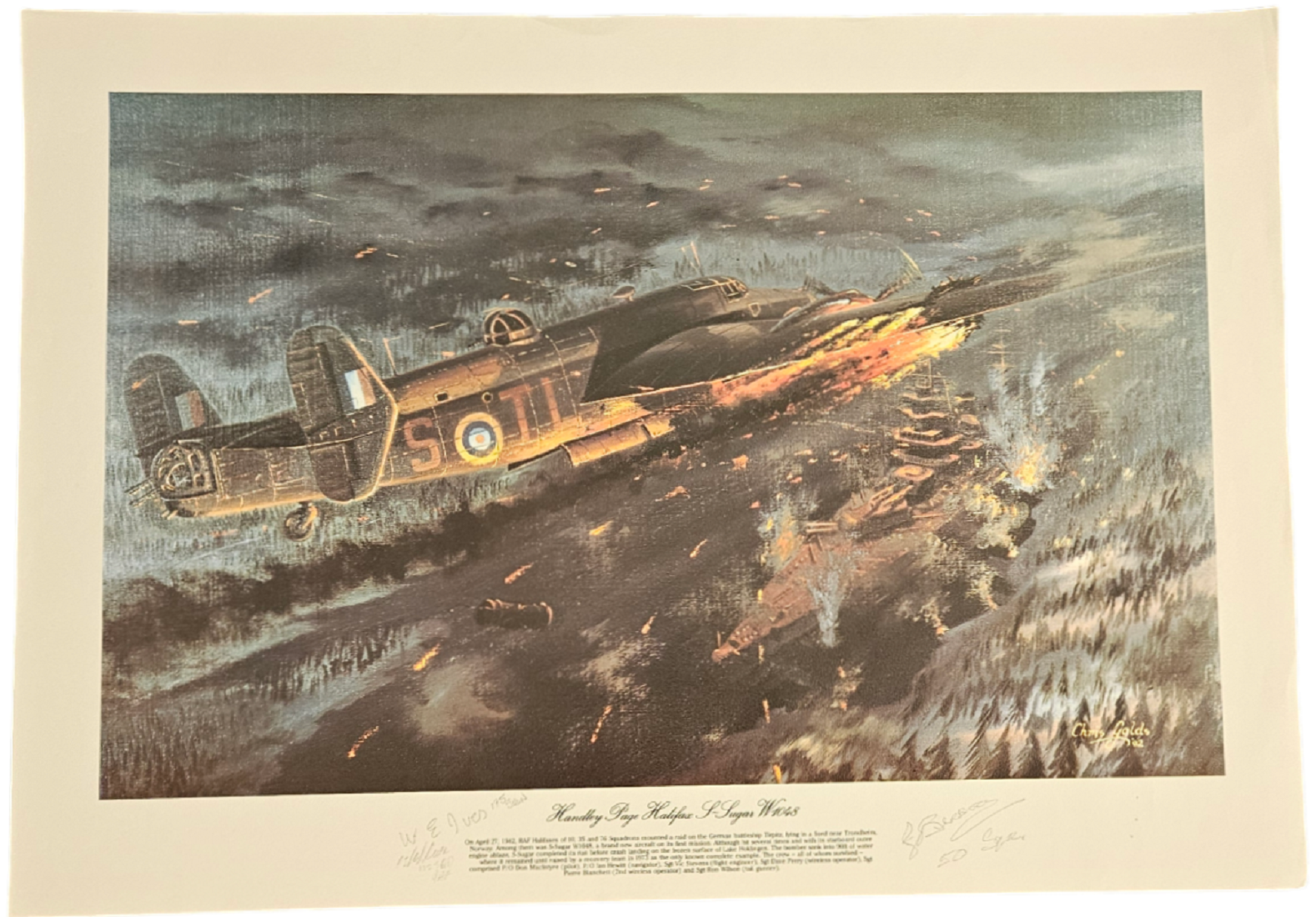 Multi Signed Chris Golds Colour Print Titled Handley Page Halifax S-Sugar W1048. Signed in Pencil by