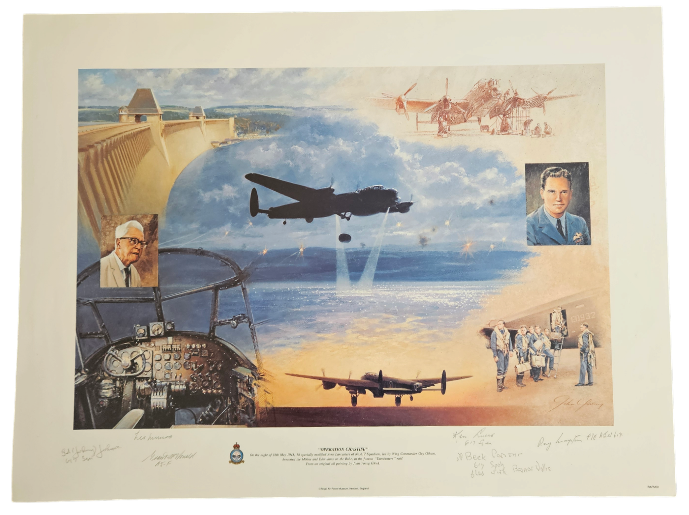 WWII Colour Print Operation Chastise by John Young Multi Signed by Les Munro, Geo Johnnie Johnson,
