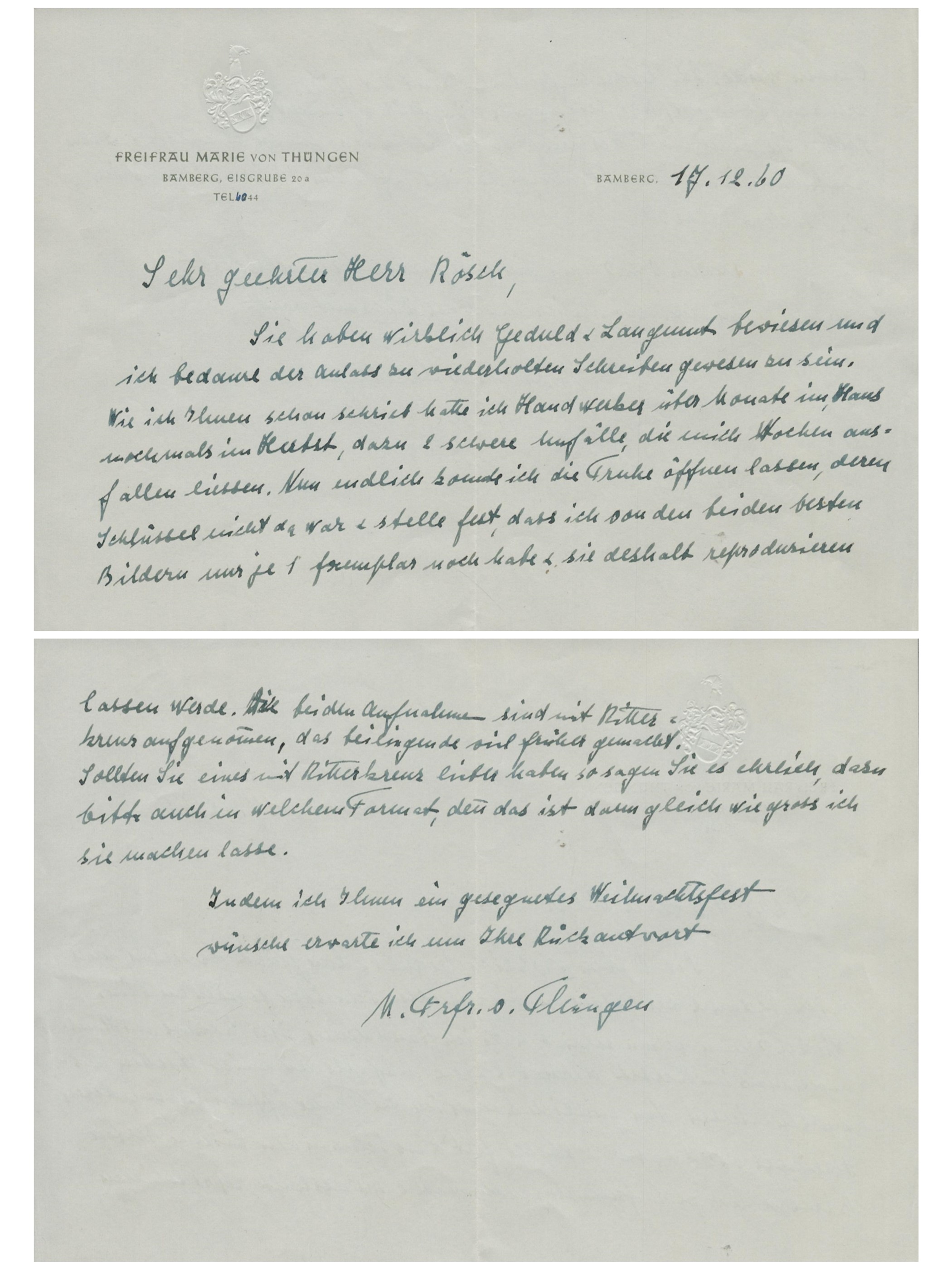 Karl Freiherr von Thüngen (relative) ALS Hand written letter in German dated 17.12.60. Good