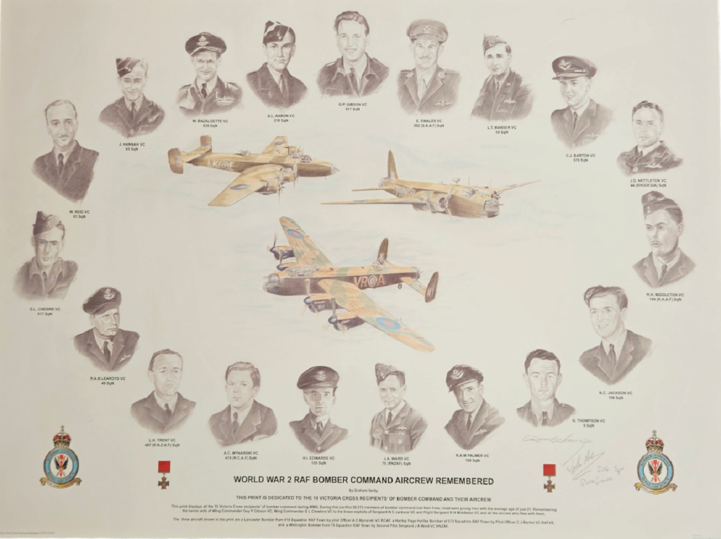 WWII Colour Print By Graham Verity Titled WW2 RAF Bomber Command Aircrew Remembered. Signature of