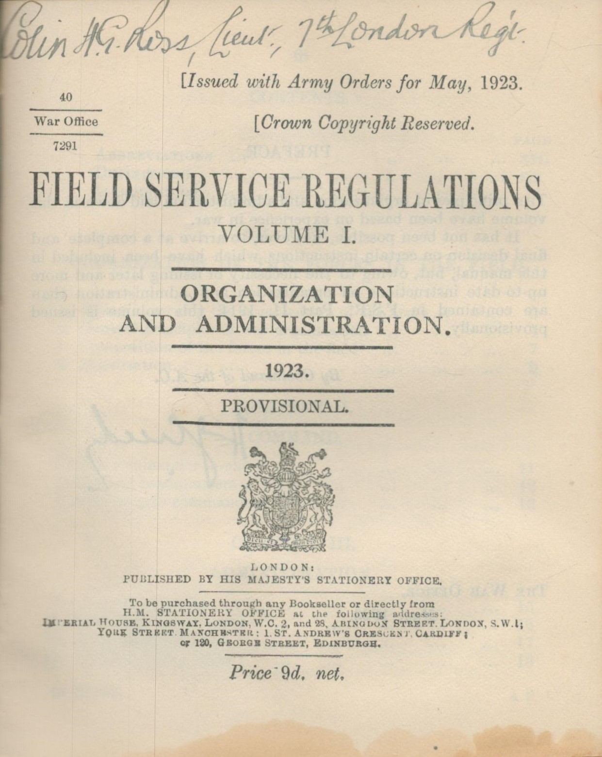 Lieut Colin HG Ross (7th Battalion) Signed Field Service Regulations Volume 2. Good condition Est. - Image 2 of 2