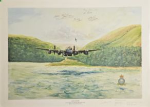 WWII Colour Print Lancaster by Barrie Slatter Multi Signed by Harry Johnson, Colin Cole, John