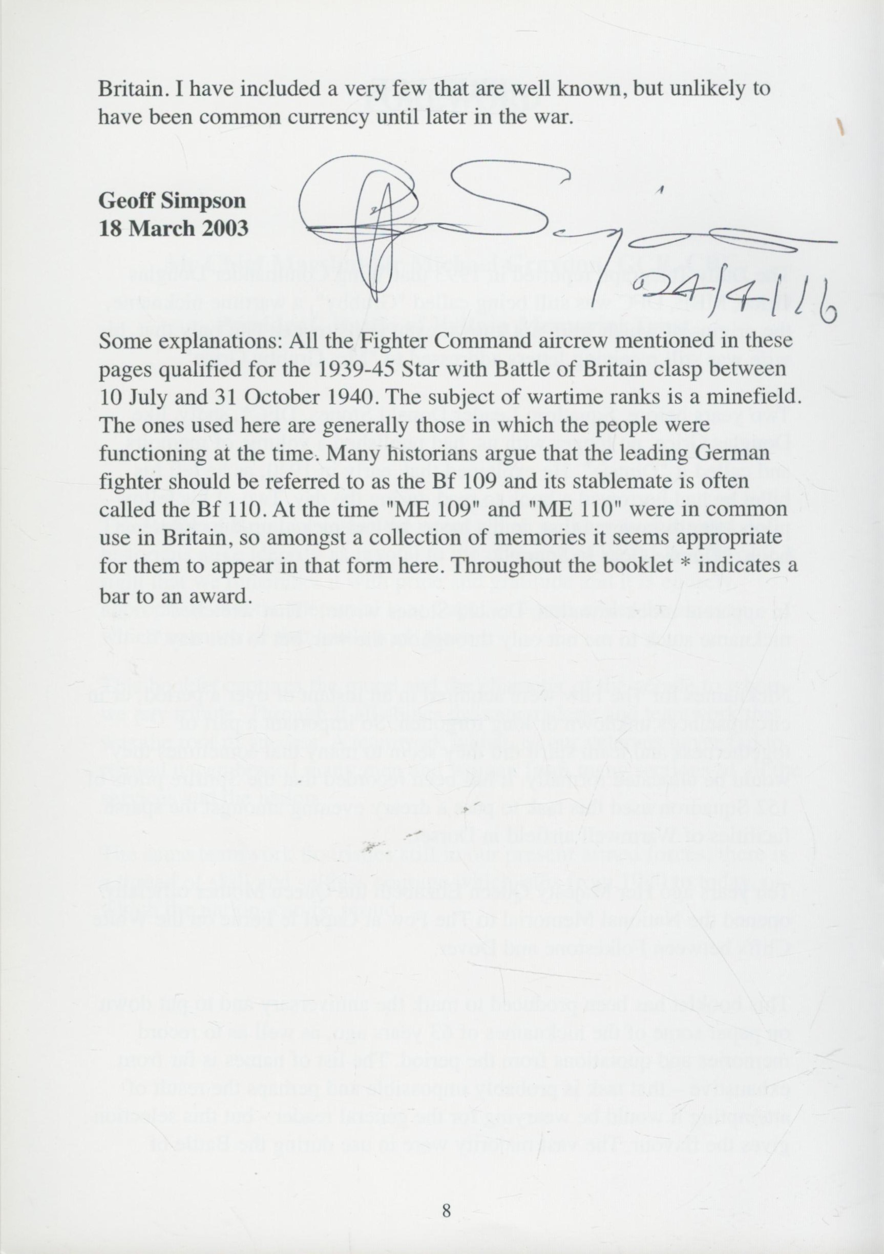 WW2 Geoff Simpson Signed Mortal Danger Paperback Booklet. Good condition Est. - Image 2 of 2