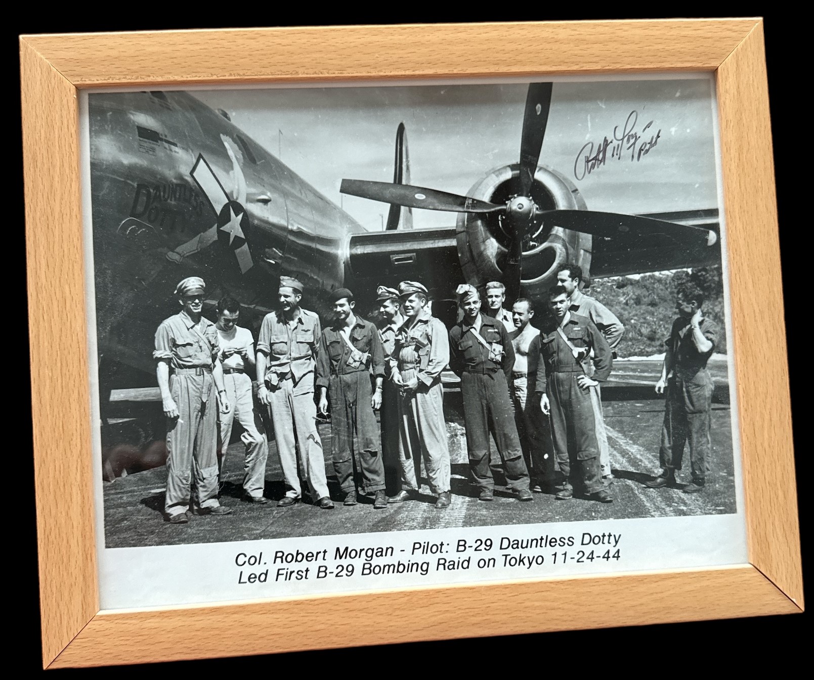Col Robert Morgan signed black and white photo. Pilot B-29 Dauntless Dotty. Framed to approx size