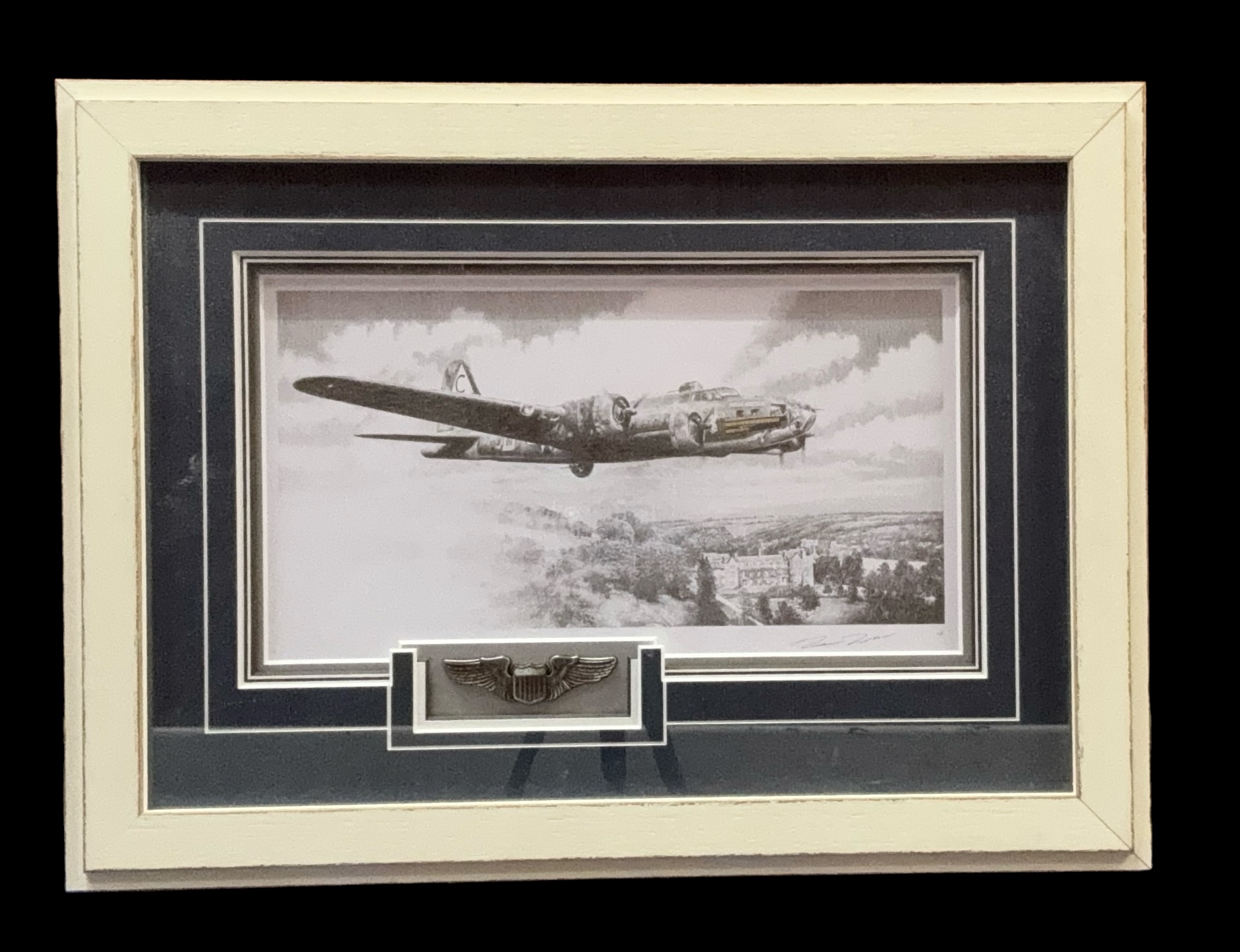 Robert Taylor signed American Bomber print. Mounted and framed with US army wings. Approx overall