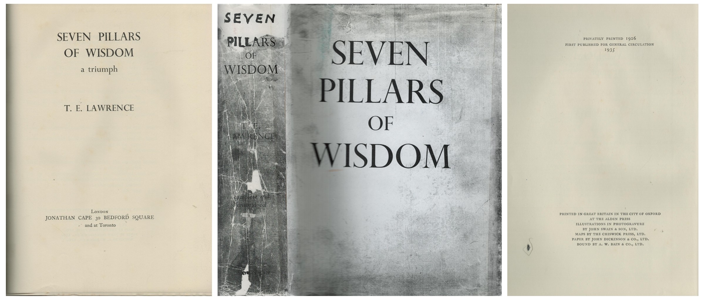 Seven Pillars of Wisdom unsigned Hardback book a triumph T.E. Lawrence. Privately Printed 1926 First