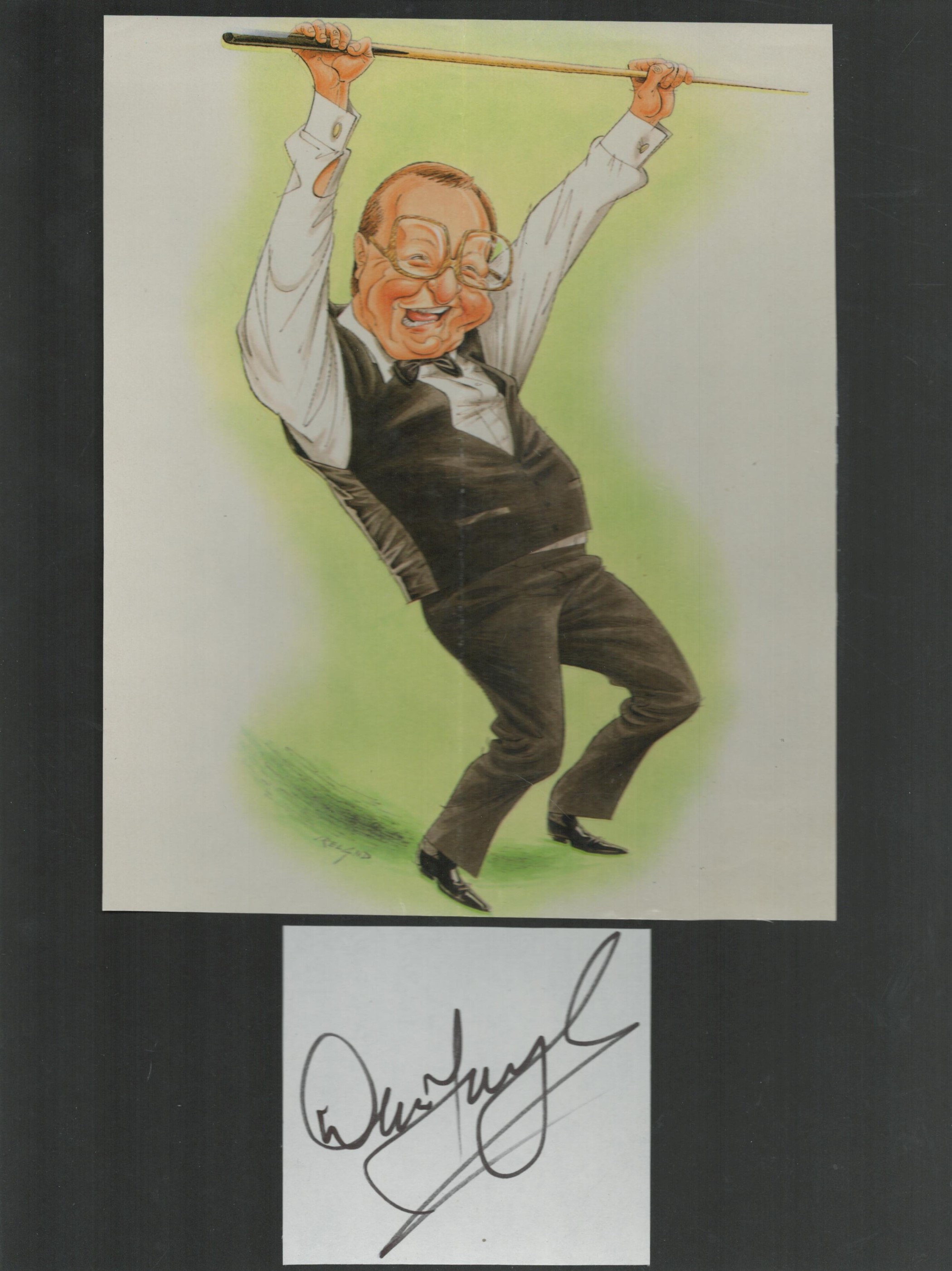 Snooker, Dennis Taylor signed Album page Approx. 3.5x3 Inch plus Unsigned caricature colour print