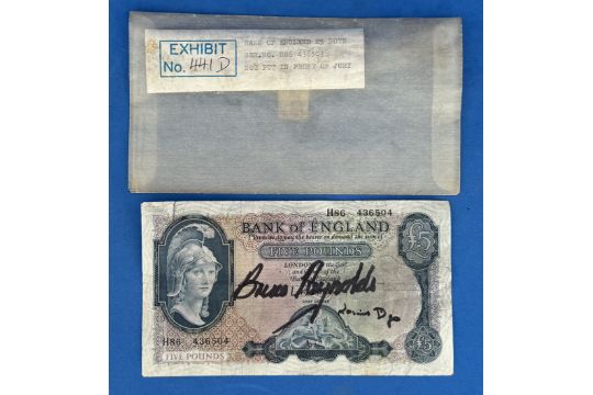 Ronnie Biggs and Bruce Reynolds signed The Great Train Robbery 1963 £5.00 note recovered from - Image 2 of 2