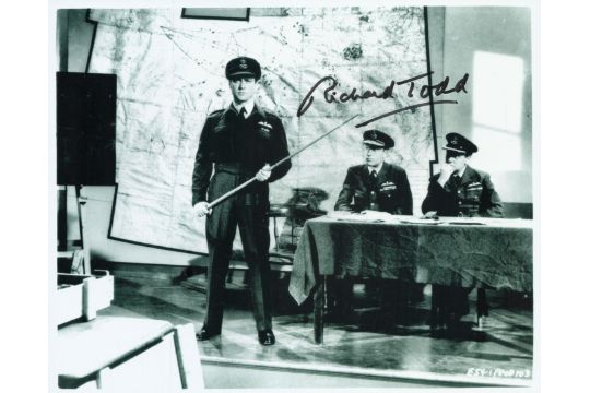 WW2 DDay Richard Todd signed 10 x 8 b/w photo as Guy Gibson in the Dambusters movie. Good condition.