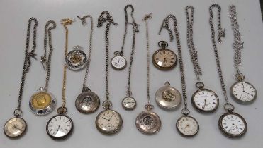 A collection of 15 pocket watches, some with chains