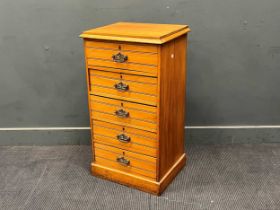 An Edwardian satinwood narrow chest of five drawers, 92cm high, 51cm wide