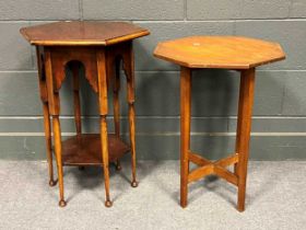 Three occasional tables, including an elm top oak Moorish style table on six legs with undertier