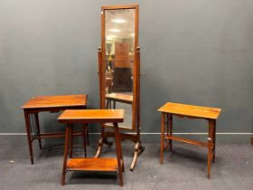 Three Edwardian rectangular occasional tables with undertiers and a cheval mirror