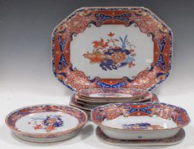 Spode platters in the Imari palette, a collection of 11 variously shaped platters, some with