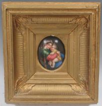 An oval porcelain plaque of the Madonna della Sedia after Raphael, 8 x 6.5cm, gilt framed