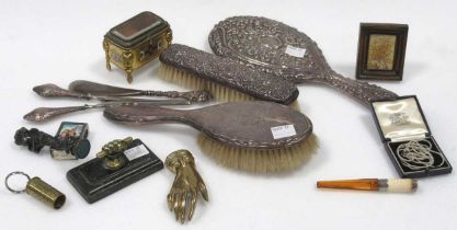 Silver backed brushes and mirror, match case etc, with few desk ornaments