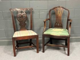 A George III mahogany single chair with pierced vase shaped splat together with a George III