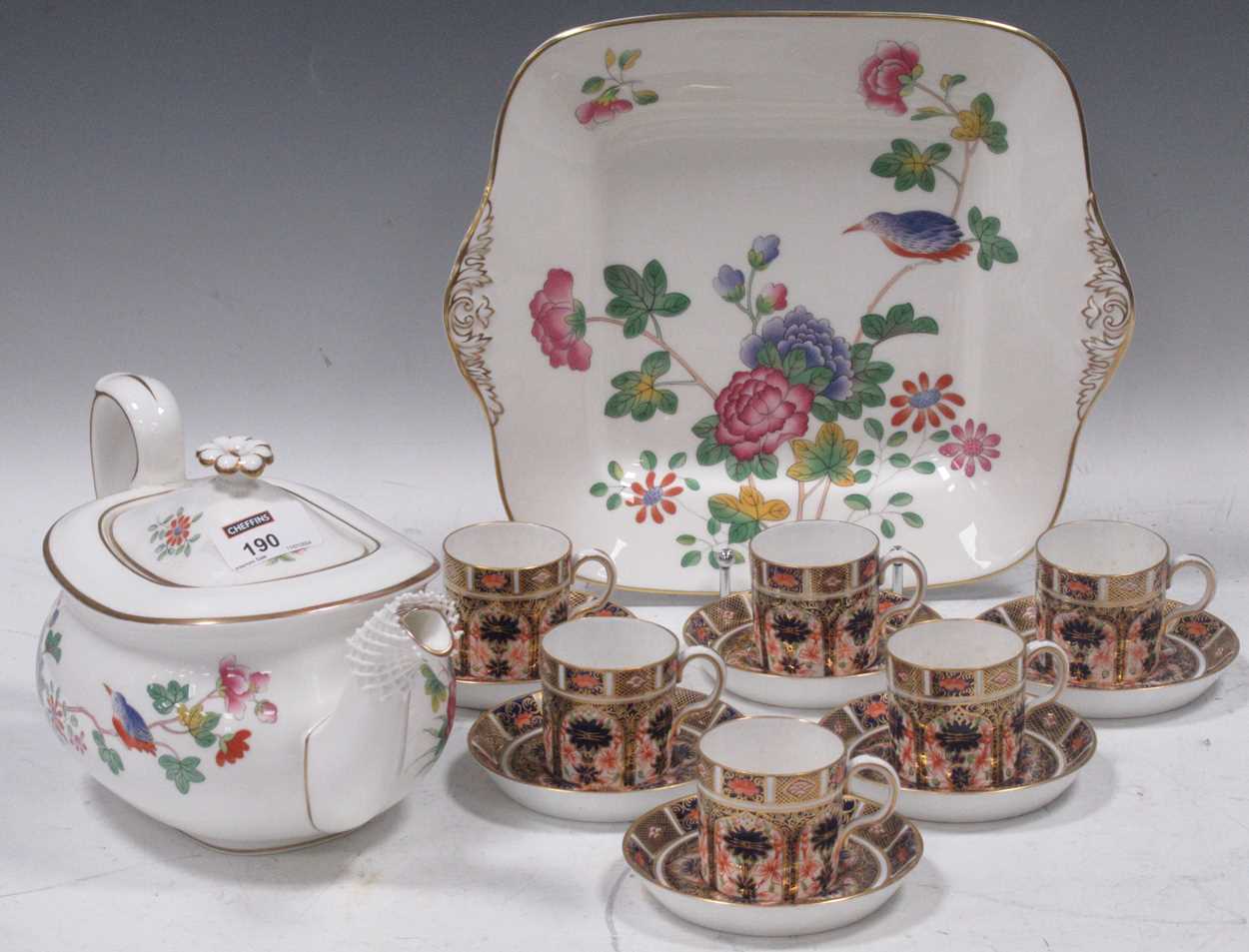 A set of six Royal Crown Derby Imari pattern coffee cups and saucers, a modern Wedgwood 'cuckoo'