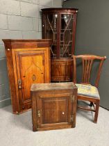 An 18th century oak wall cupboard 61 x 61 x 24cm, a George III fruitwood single chair, an oak and