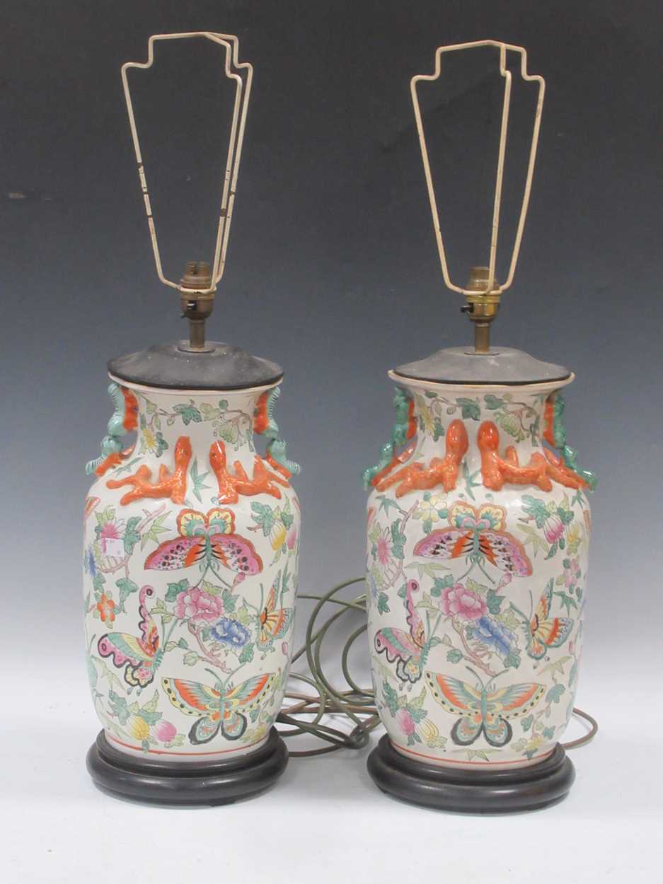 A pair of modern Chinese vases adapted to lamps, 70cm high including fittings (2)