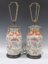 A pair of modern Chinese vases adapted to lamps, 70cm high including fittings (2)