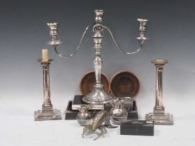 Silver mounted pin box, cigarette box, pair plated candlesticks, candelabra etc