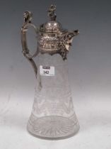 A silver plated claret jug, the hinged lid with a rampant lion finial and a bachic mask spout,