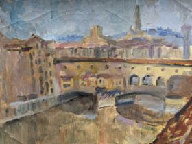 An impressionist oil on board depicting a canal scene, 37 x 48cm The Ponte Vecchio, Florence