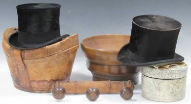 Two top hats, coat hooks, stepped turned wooden bowl etc the hat in best condition of the two
