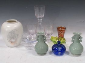 A Poole pottery vase, pair of celadon colour vases, Watrford bowl and other glassware