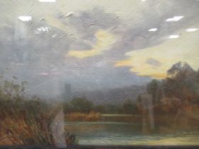 Tom Yarwood, landscape at dusk, oil on board 25cm x 33.5cm; and a English School, a river scene with