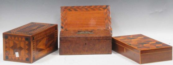 Three parquetry boxes and a burr walnut box, 19th century Please find additional images as