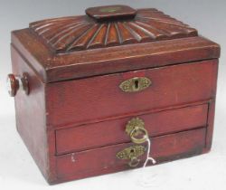 A Regency leather covered jewellery box, hinged lid above two drawers, 30cm wide