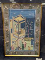 Group of 5 Mughal style courtly scenes with figures, gouache with decorative painted borders.