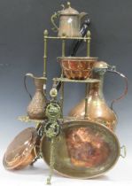 A group of metalwares to include, a large copper water carrier, a warming pan, jelly mould,