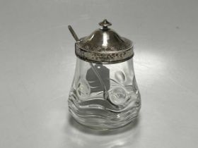 A silver topped glass conserve jar and spoon, mark of Liberty & Company, Birmingham 1938, number