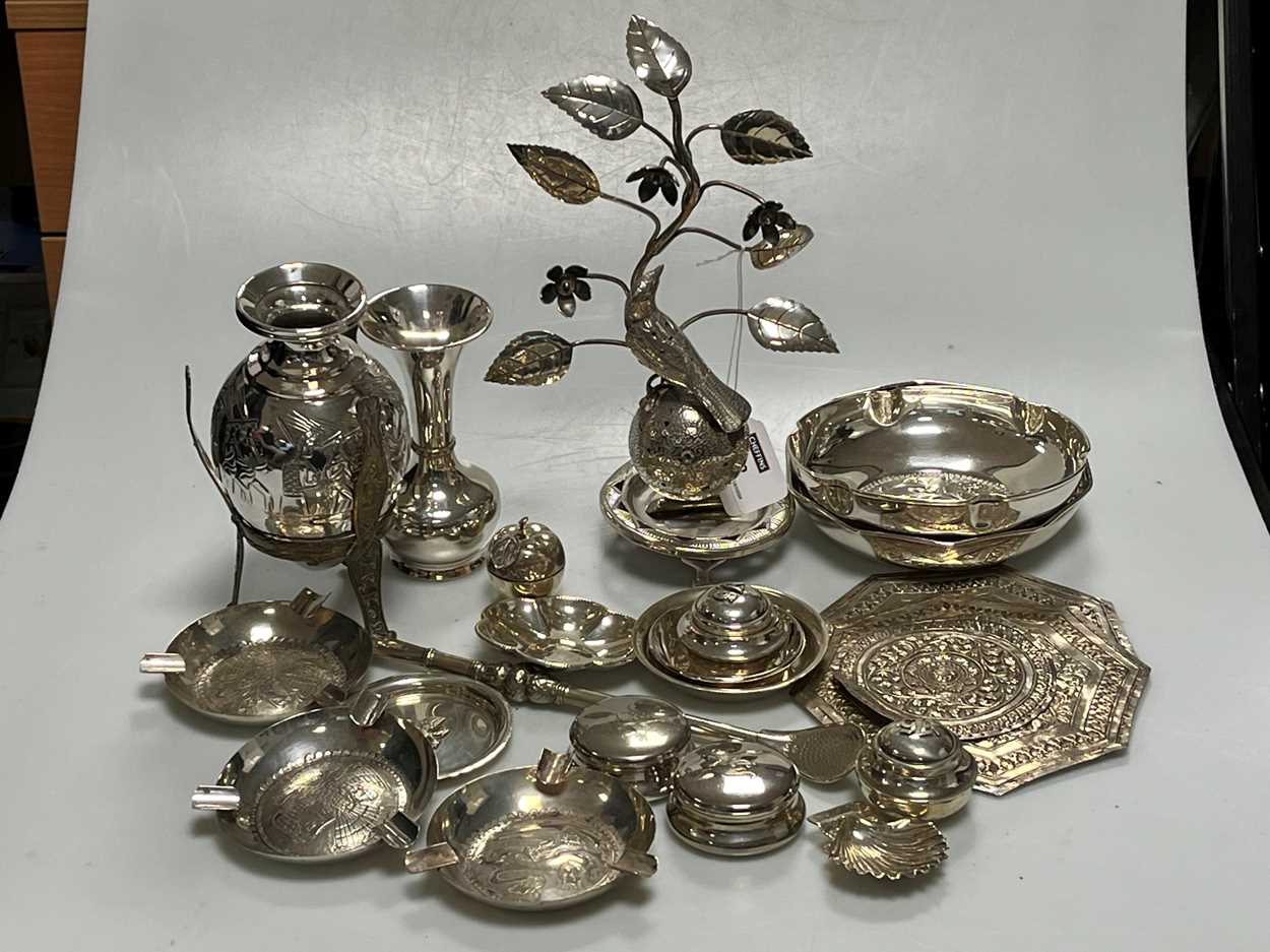 A collection of continental metalwares silver items including, dishes, ashtrays, objets, vase,