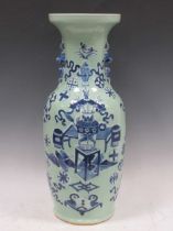 A Chinese Celadon vase with transfer painted design, 60.5cm high Cracks to the transfer printed