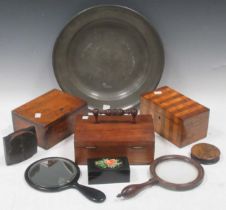 A Victorian desk stand, pewter dish, various boxes, hand mirror etc See images