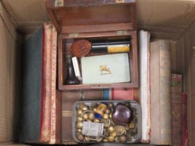 Mixed items - military/naval buttons, desk seal, pin cushion, coquilla nut carving, and various