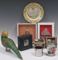 A painted wood parrot, miniature shell boxes, Victorian motto plate etc "Diligence" mug has rim chip