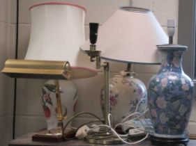 Group of five modern lamps. Two modern brass desk lamps accompanied by two further chinese lamps
