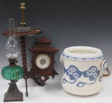 A miniature mahogany tripod table, 39cm high, a slop pail, a small oil lamp, a small aneroid