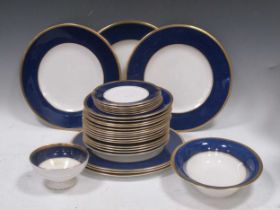 A Coalport Athlone blue part dinner service with blue border and gilt rim, six dinner plates.