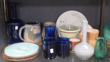 Three shelves of art glass, pottery and studio wares (qty)