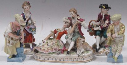 Three German porcelain figures comprising a pair of single figures and a pair of lovers, together